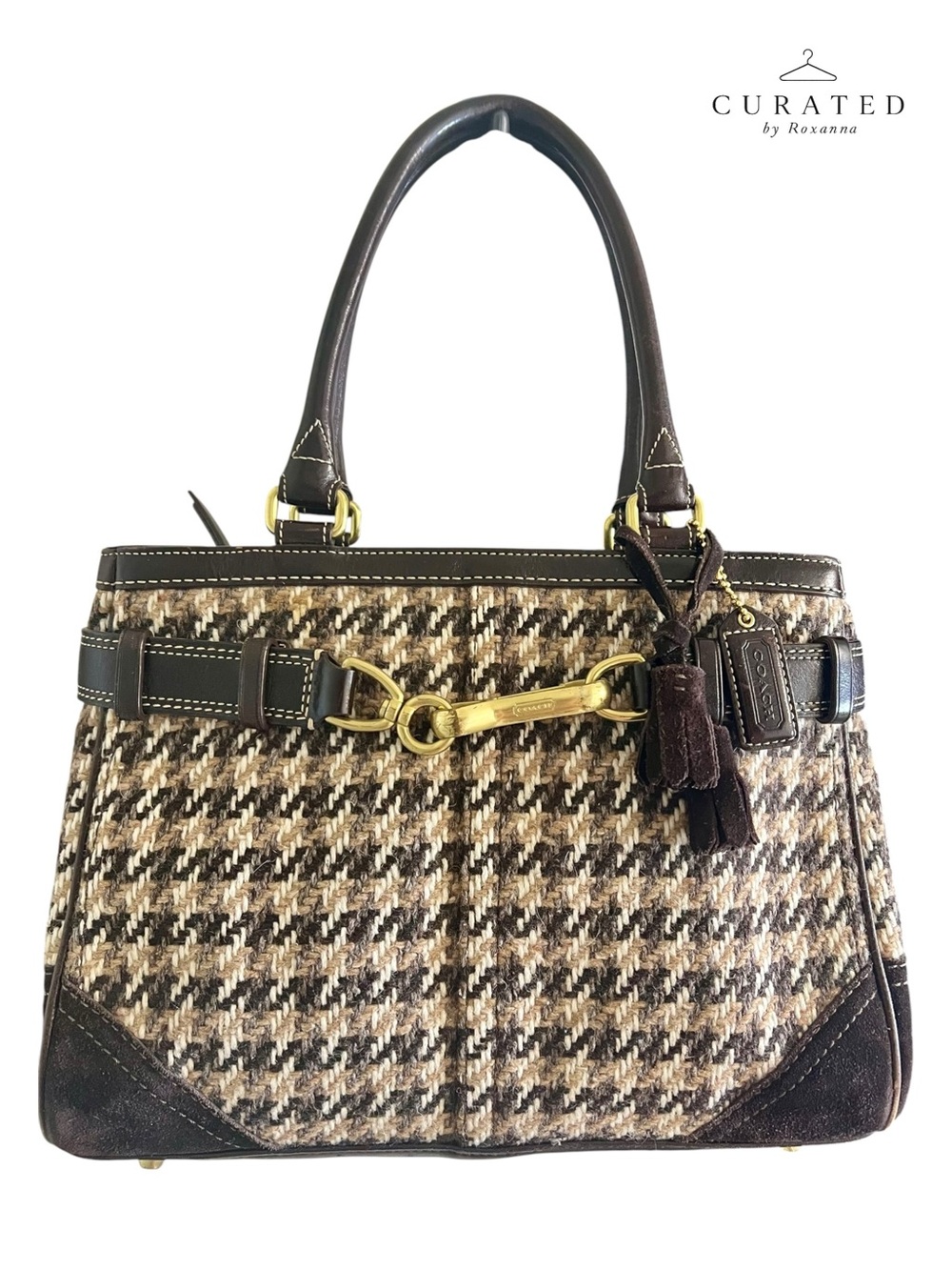 Coach Soho Tweed Houndstooth Satchel Brown Leather Brass Horsebit Bag